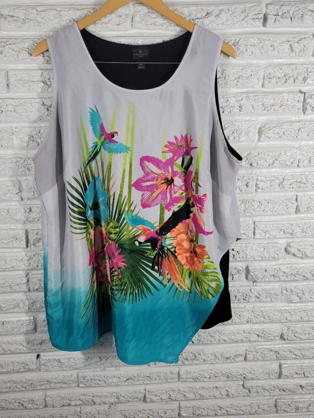 Worthington 2X Tunic Blouse Multicolor Parrot Floral Sleeveless Lined FLO151E